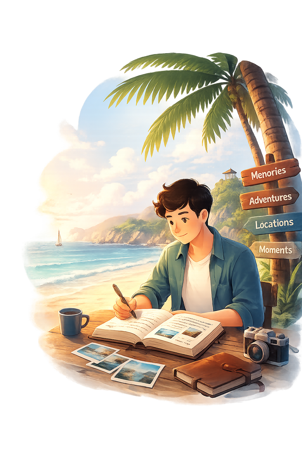 A traveller writing a trip diary at a table by the sea, with printed photographs, a camera and a signpost reading Memories, Adventures, Locations, Moments